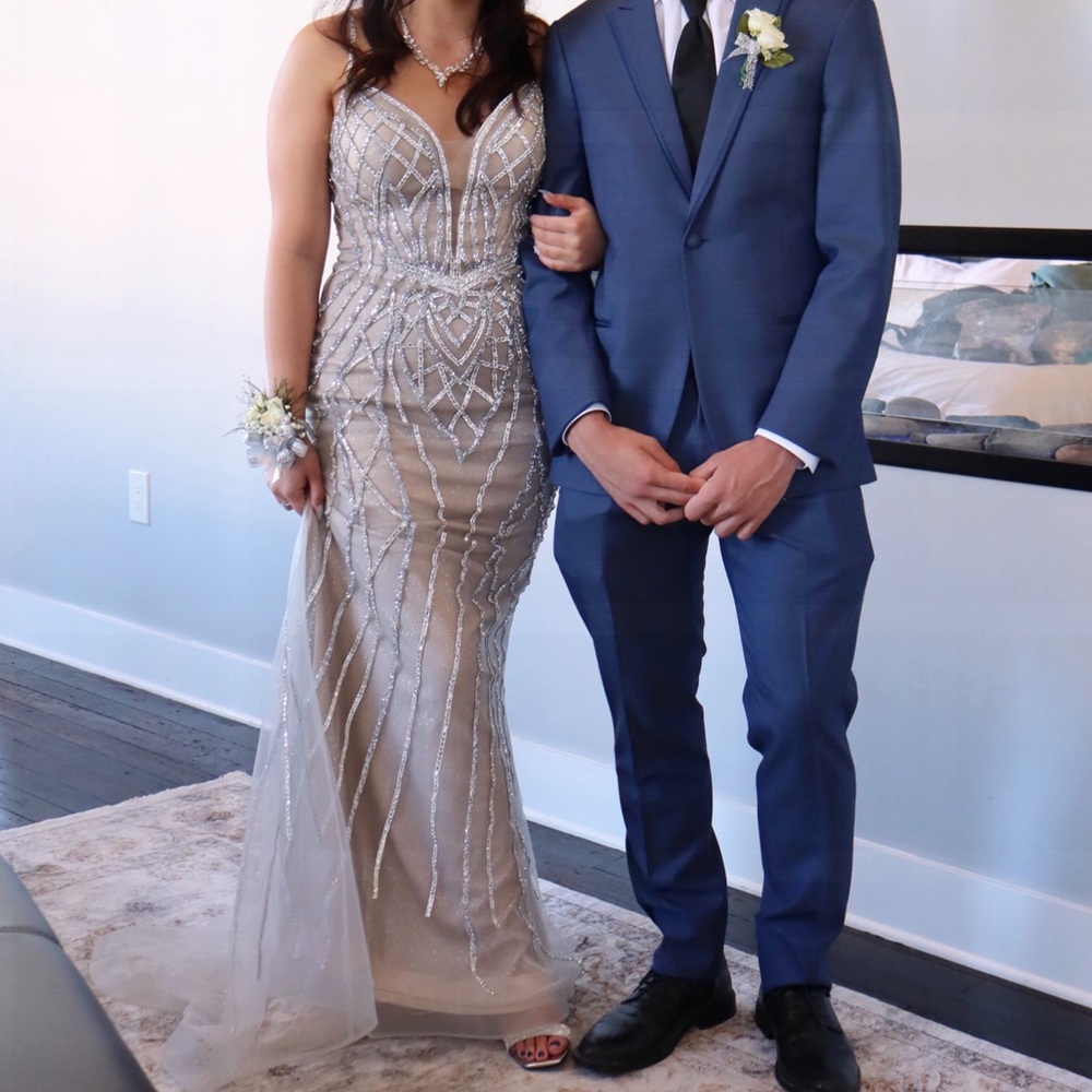 GB Social Beaded Glam Overlay Long Dress